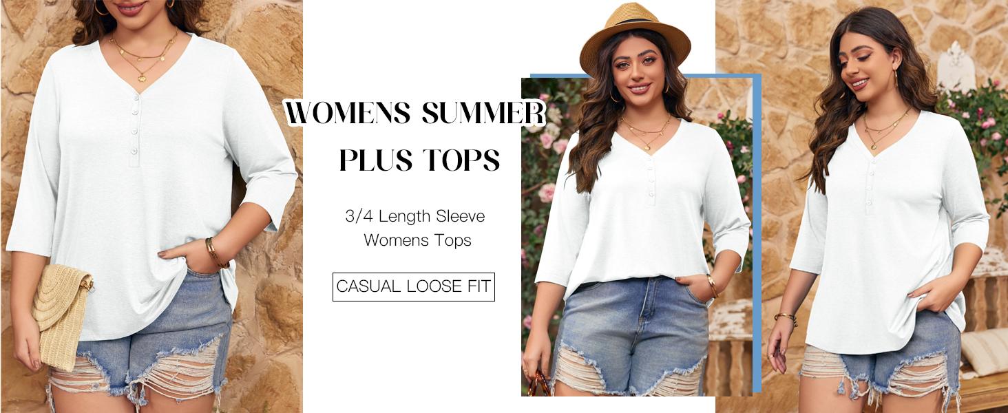 【L-5XL】 Imily Bela Curve Womens Plus Size Tops V Neck 3/4 Sleeve Casual T-Shirts Loose Basic Tunic Tees Summer Vneck Minimalist Streetwear