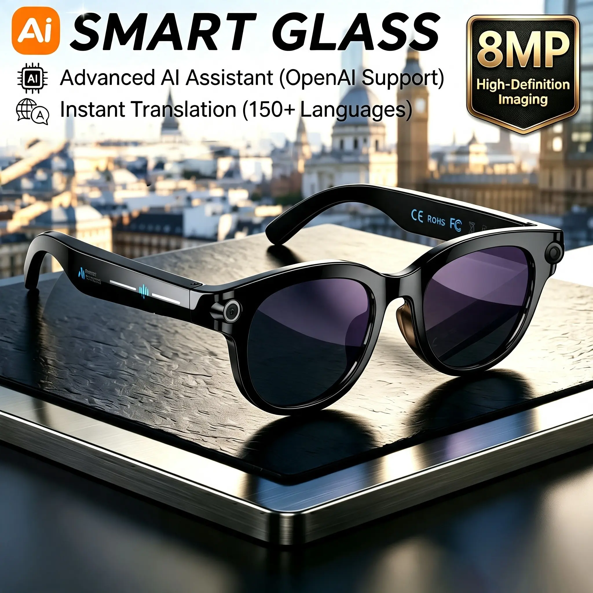New AI Smart Glasses AI Real Time Translation Real HD 8MP Camera Video Recording Bluetooth Call Eyeglasses Open Listening