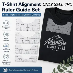 4PCS T-Shirt Alignment Ruler Guide Set, Transparent PVC V-Neck & Crew Neck Centering Tool for HTV Vinyl Sublimation Heat Press, Adult Youth Toddler Infant Shirt Measuring Templates for DIY Crafters, Cricut Projects & Small Business