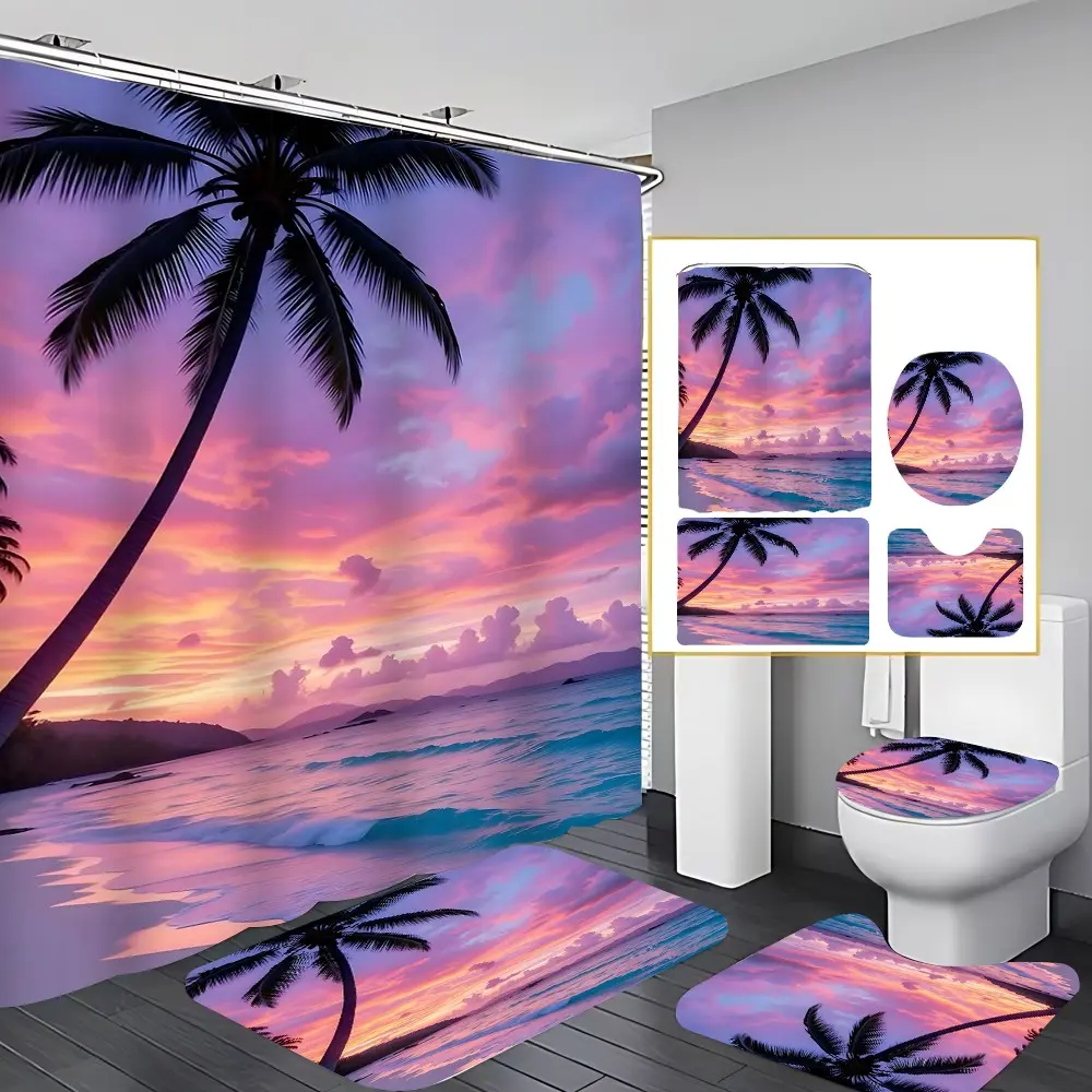 4 Pcs Sunset Coconut Tree Tropical Beach Bathroom Curtain Set with 12 Hooks, Waterproof Thickened Mildew-Proof Shower Curtain, Non-Slip Bath Rugs, Toilet Lid Cover and U Shape Mat, Vibrant Sunset Coastal Home Decor