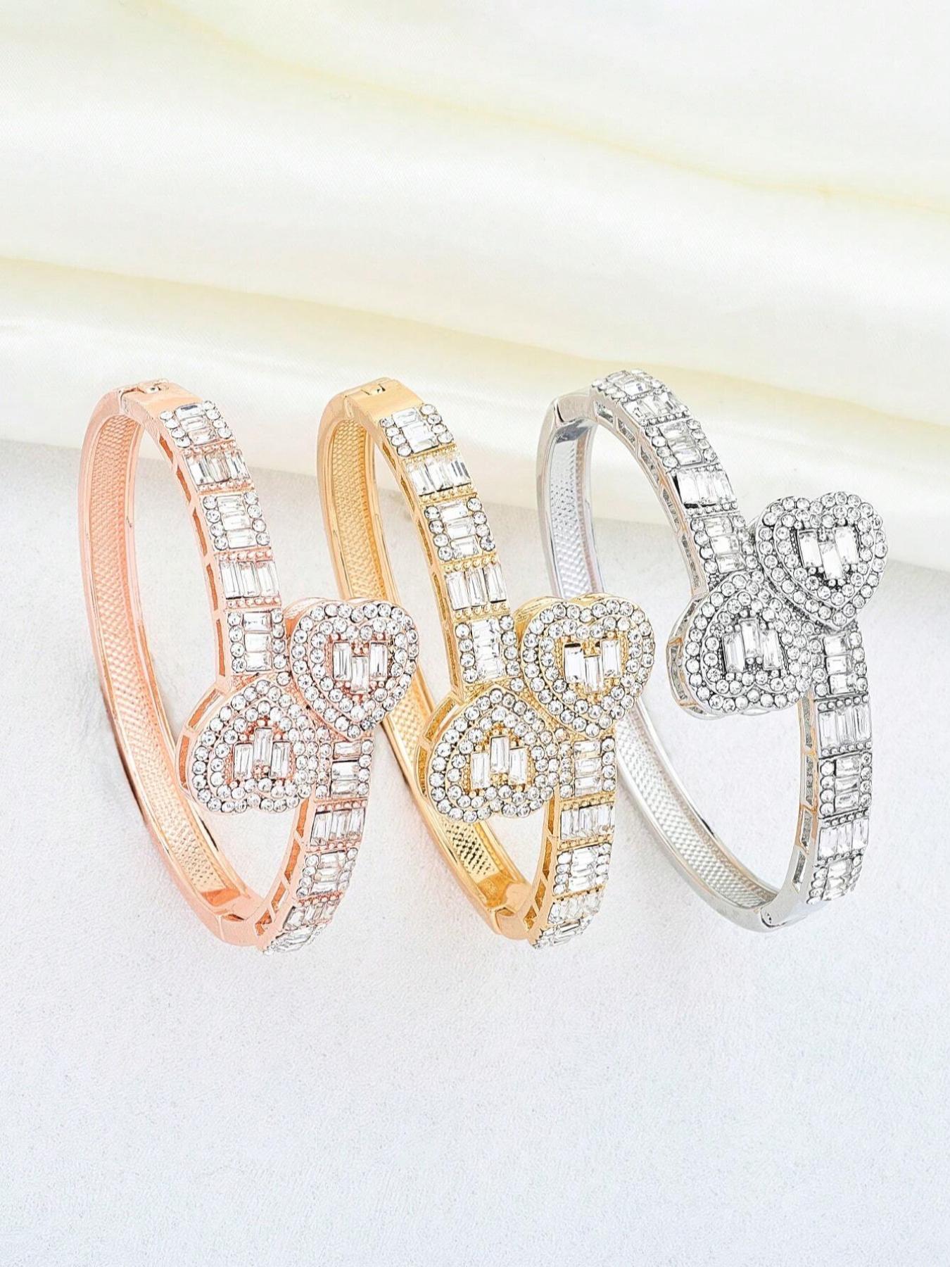 Women's Rhinestone Decorated Heart Shaped Bracelet, Fashionable Jewelry for Party, Everyday Accessories, Trendy All-match & Exquisite Jewelry for Birthday Gift