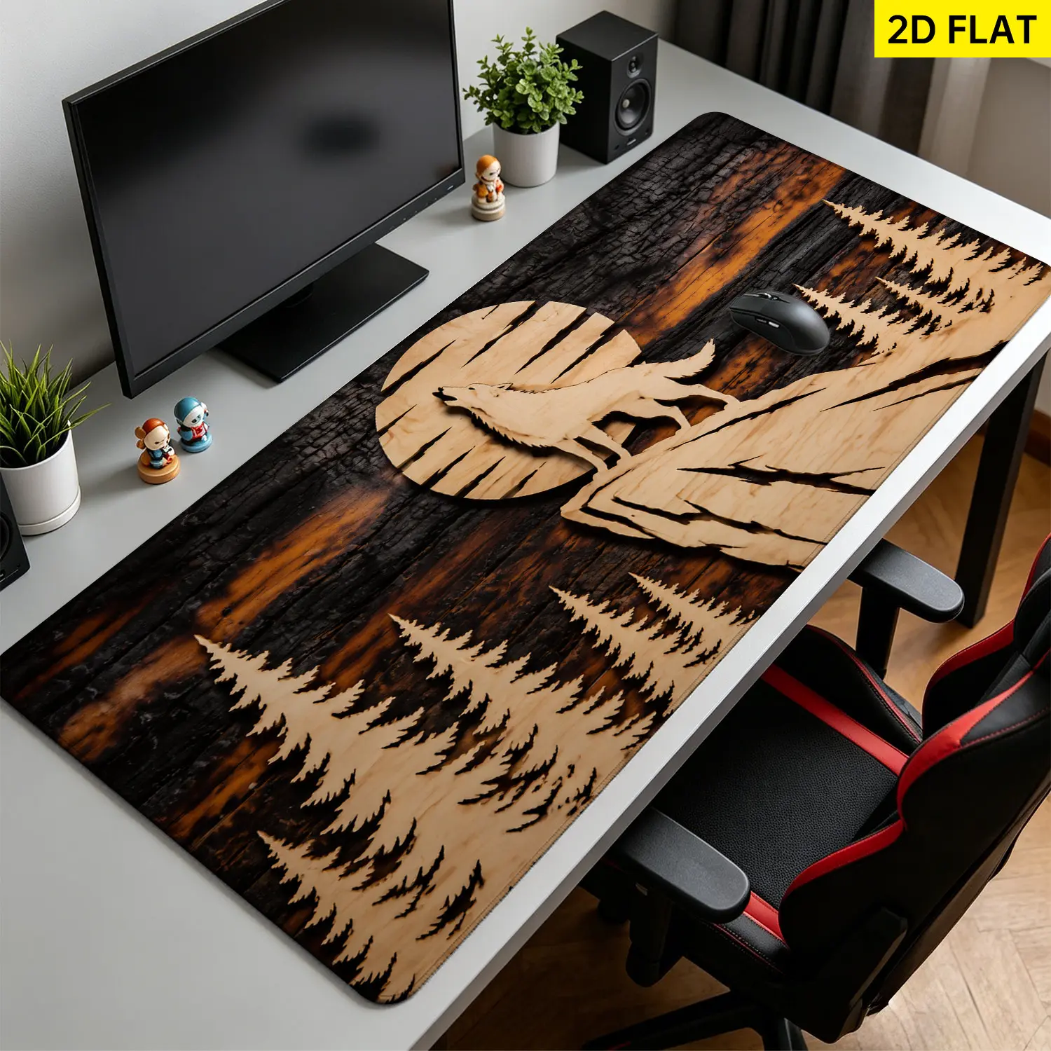 Extra Large rustic wolf howling at moon wood carving style Mouse Pad,Non Slip Rubber Pad,Desktop Decoration Drotection Pad,Washable,Lock Edge Multi Size,Premium Multipurpose Mousepad For Home,Office,Gift for Family and Friends