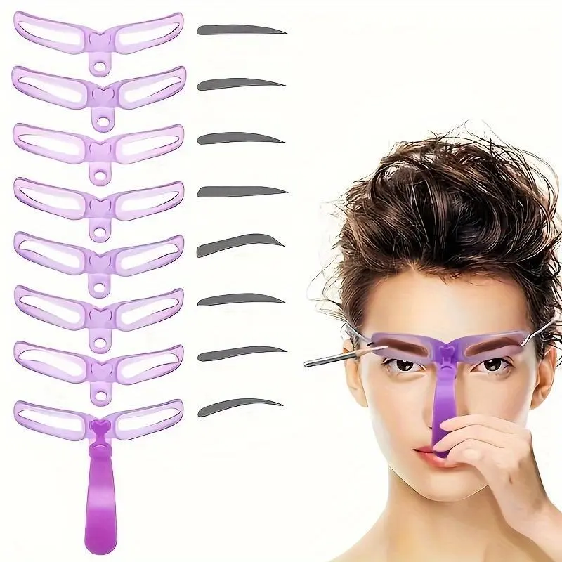 8pcs 8 Styles Reusable Eyebrow Stencil Kit With Handle - Easy Eyebrow Shaping And Template Makeup Tool