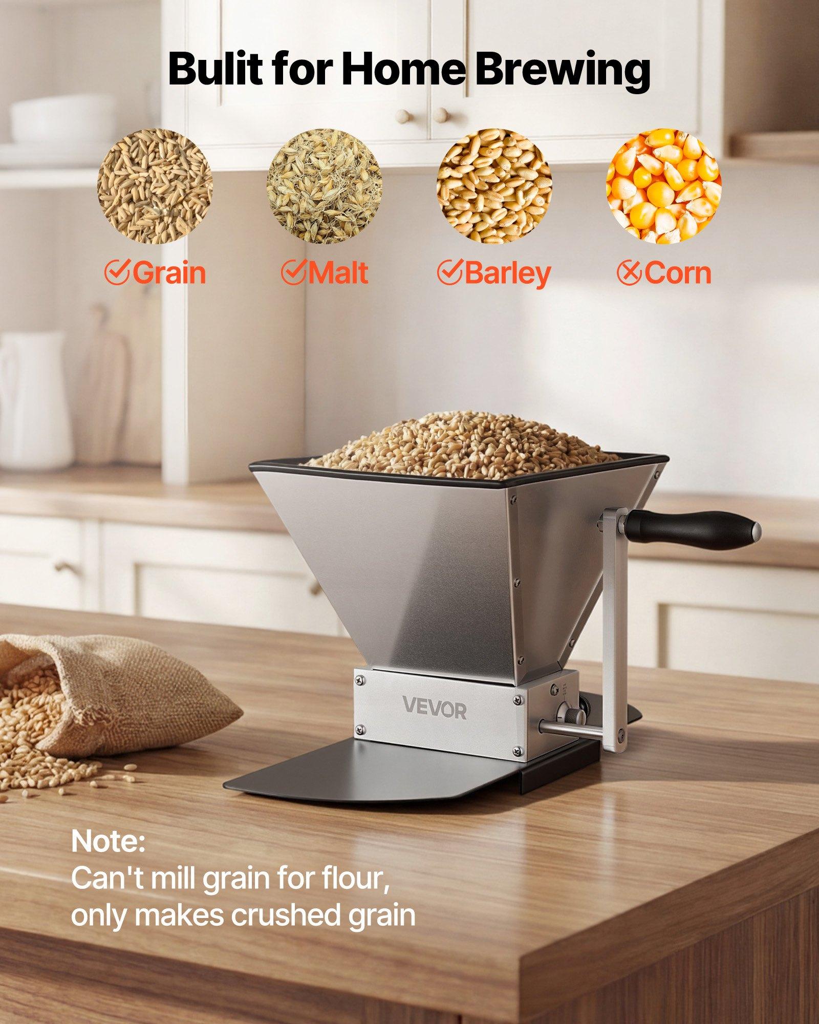 VEVOR Manual Grain Mill, Homebrew Malt Grinder, Adjustable Barley Mill Crusher for Wheat Beer Brewing - with 2 Stainless Steel Rollers, 1.06 Gallon Hopper & Metal Base Plate