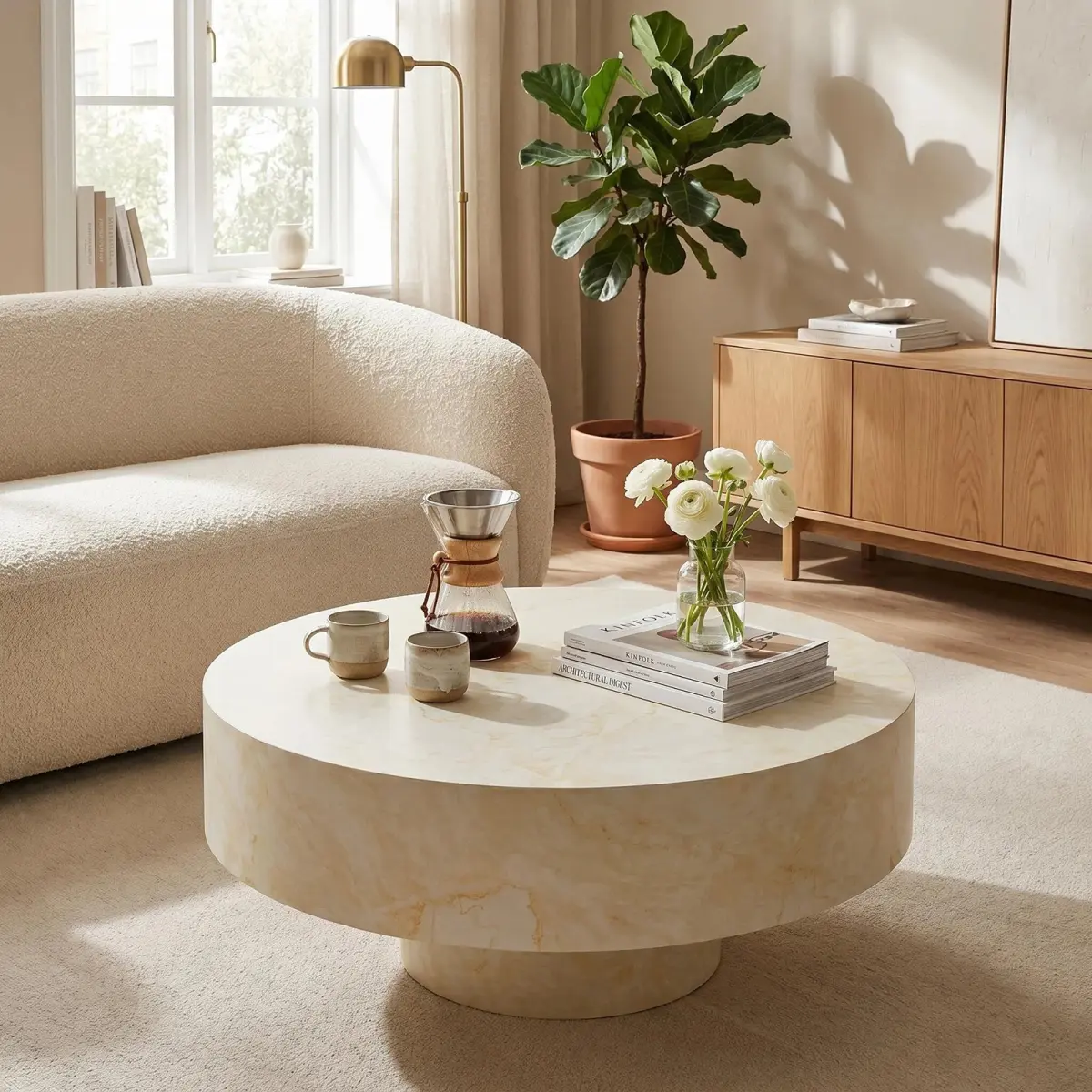 Round Coffee Table, Fluted Coffee Table with Sturdy Pedestal, Mid Century Modern Coffee Table for Living Room, Bedroom, Terrace, Office, Small Space