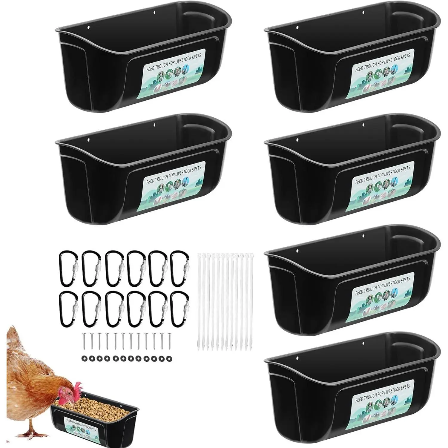 Black Polypropylene Poultry Feeder and Waterer 2-Pack, Detachable with Hanging Clips, Livestock Feeding Container for Chickens/Ducks