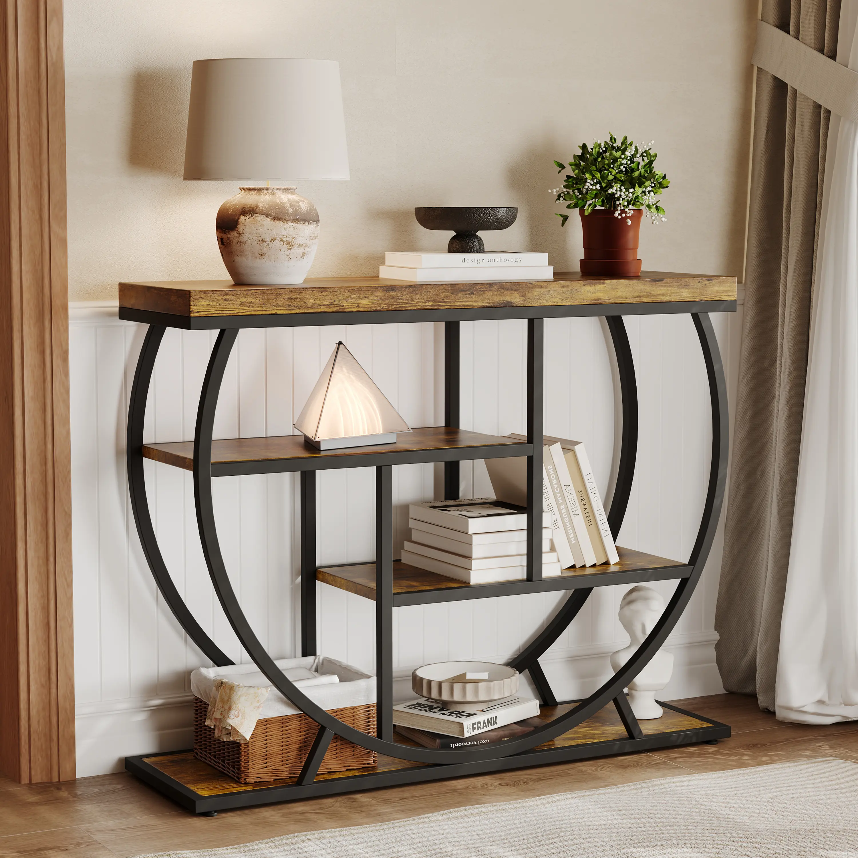 Modern Console Table 39" – 3-Tier Narrow Entryway Sofa Table with Storage Shelves – Circle Base – Rustic Wood and Metal Construction – Perfect for Entryway, Hallway, Behind Couch, Living Room, Foyer – White