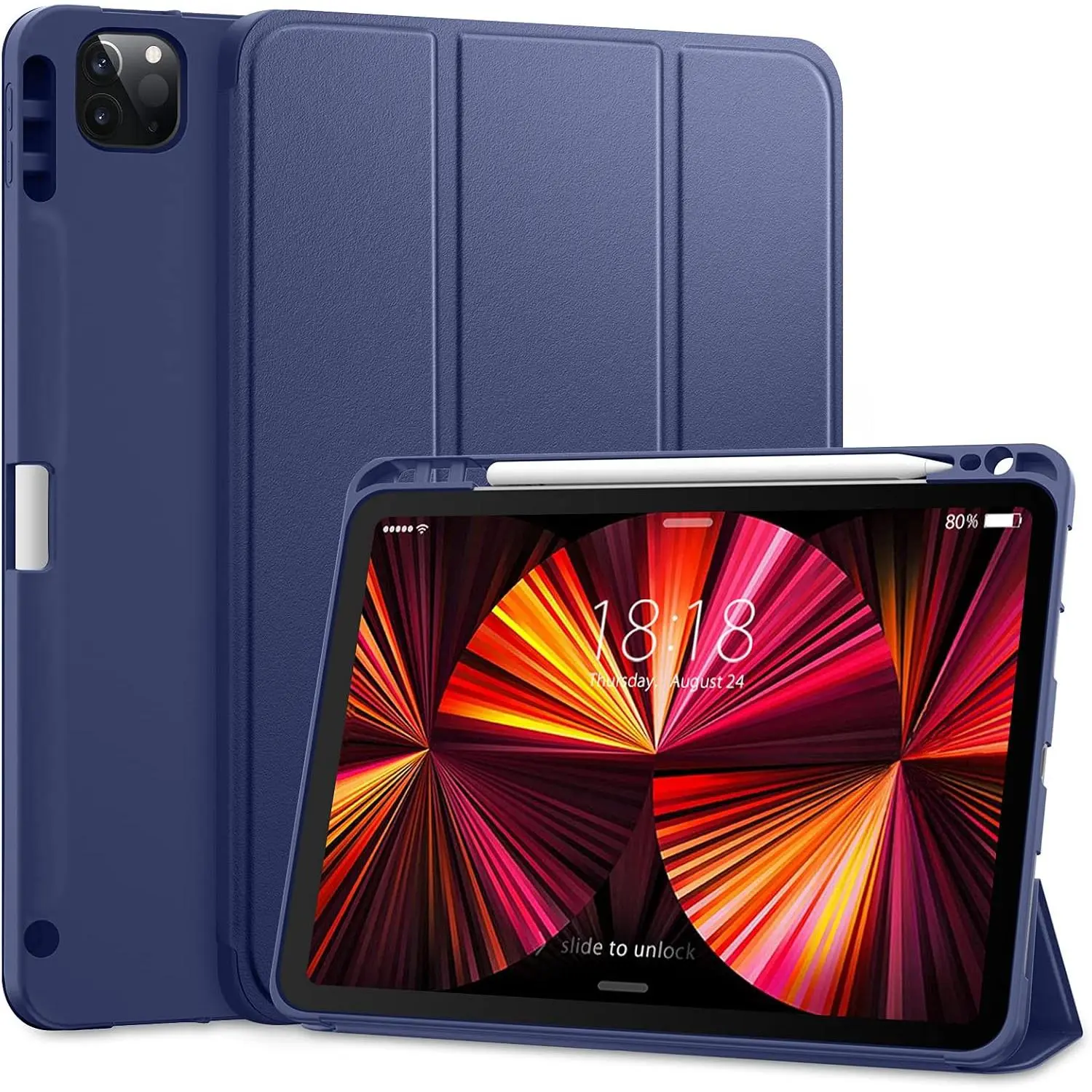 for iPad Pro 11 inch 4th/3rd/2nd/1st Generation 2022/2021/2020/2018 Case,  Slim Trifold Stand Soft TPU  Cover with -in Pencil Holder, Also Fit iPad Air 5/4,Navy Blue