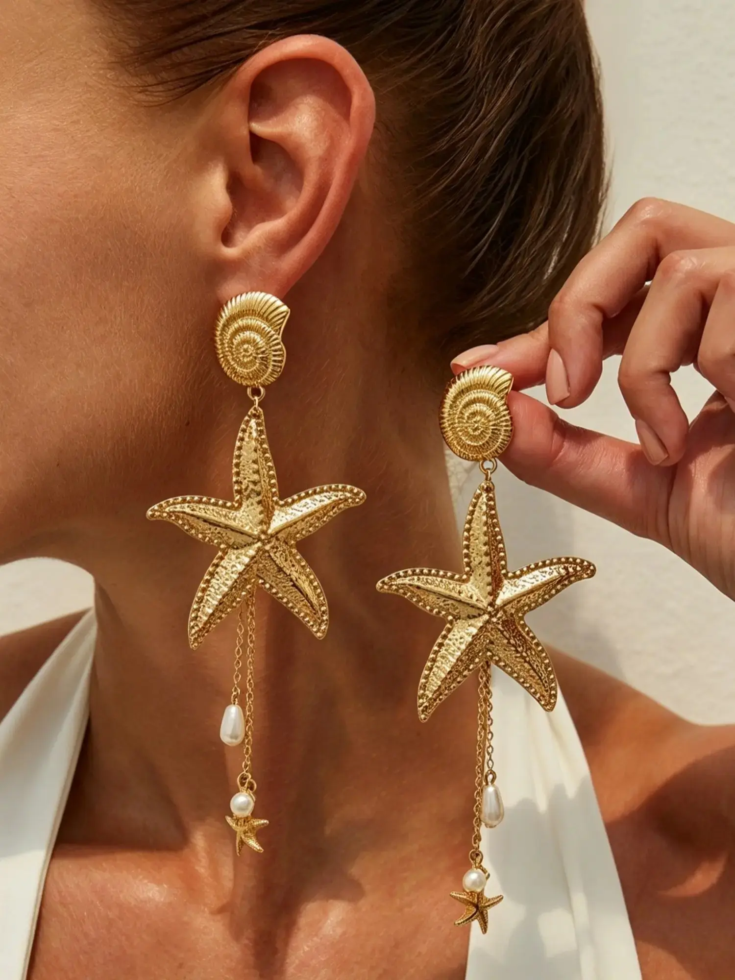 Luxury Ocean-Inspired Starfish Earrings for Women, Textured Shell Studs with Faux Pearl Chain Tassels, Elegant Boho Statement Drop Earrings for Beach Wedding, Tropical Vacation, Evening Party & Birthday Gift