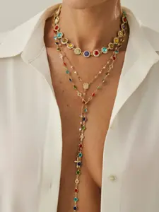 3 Piece Rhinestone Necklace Set, Long Colored Clavicle Chain, Cross Pendant, Fringe Body Chain, Fashion Jewelry