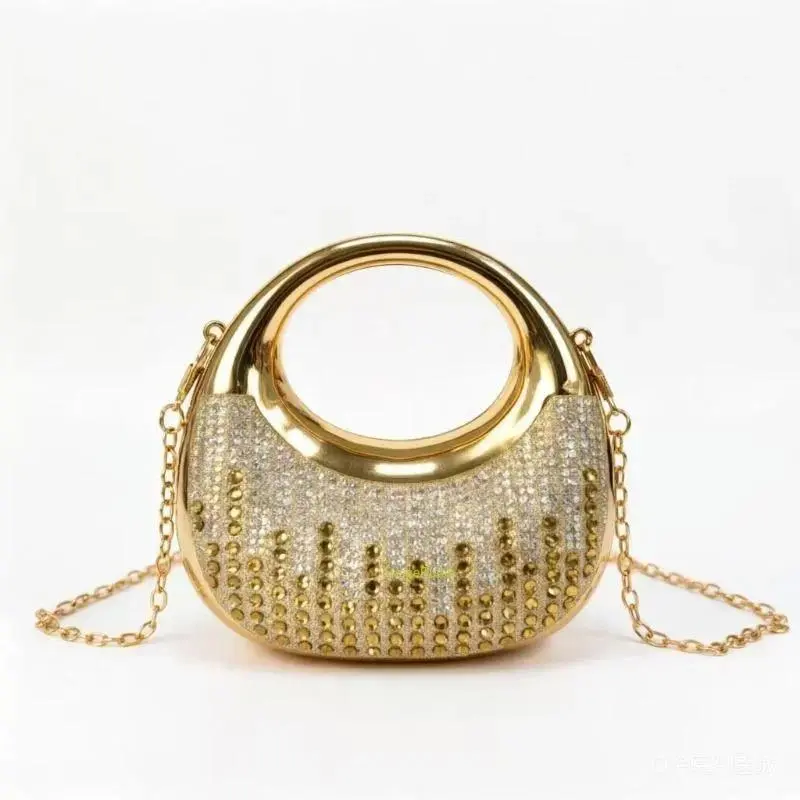 Women's Moon Shape Bling Evening Bag, Glamorous Diamond Metal Clutch, Convertible Chain Shoulder Purse for Parties & Formal Events, Chain Handbags, Chain Shoulder Purses