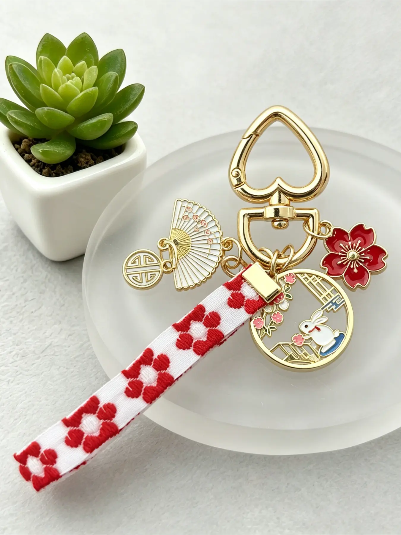 Japanese Sakura Fan Keychain, Cute Cherry Blossom Double Happiness Bag Charm Key Ring, Aesthetic Oriental Pendant Gift for Women Girls