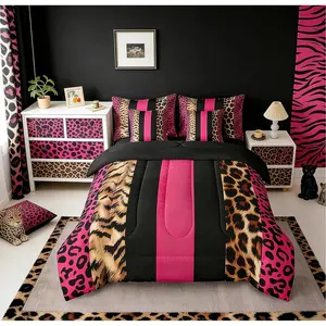 Leopard Fur Print 7 Piece Bedding Set for Boys Girls,Cheetah Comforter Animals Hot Pink Black Bedroom Decor Safari Comforter, Bed Comforter Set, Bedding Sheets Set