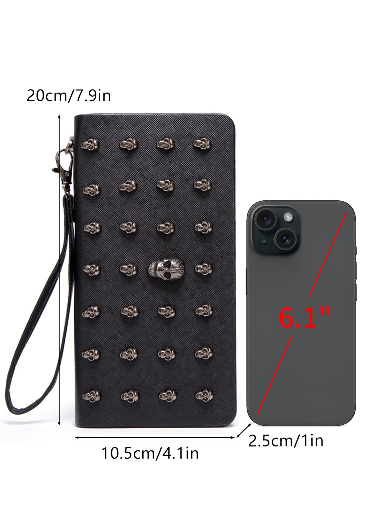 Halloween Black Skull Rivet Coin Wallet, Men's and Women's Wallets, Punk Style Skull Design, Large Capacity Zipper Closure, Wrist Zipper Long Gothic Style Wallet, Durable Travel Accessories