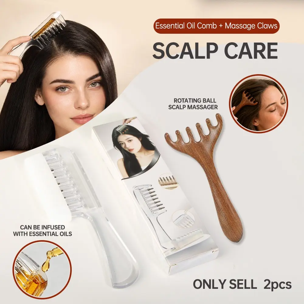 Essential Oil Dispenser Comb Set, Wooden Massage Claw, Transparent Liquid Storage, Even Hair Oil Application, Home Scalp Care Kit