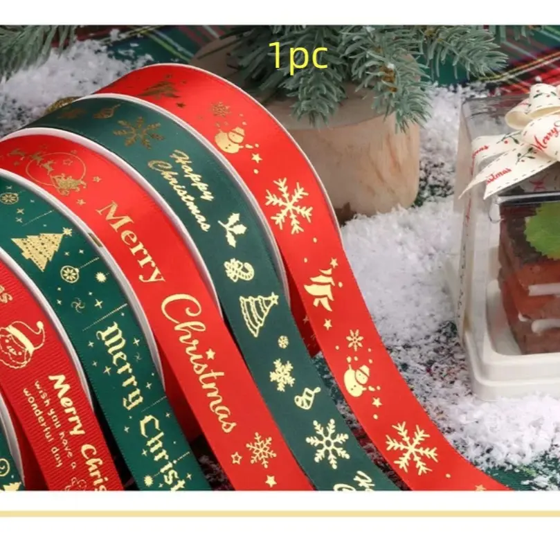 Christmas Ribbon, and Sparkle Holiday Ribbon, Snowflakes, Trees, Bells, Holly, Happy Christmas Words, Gift Wrapping Decor