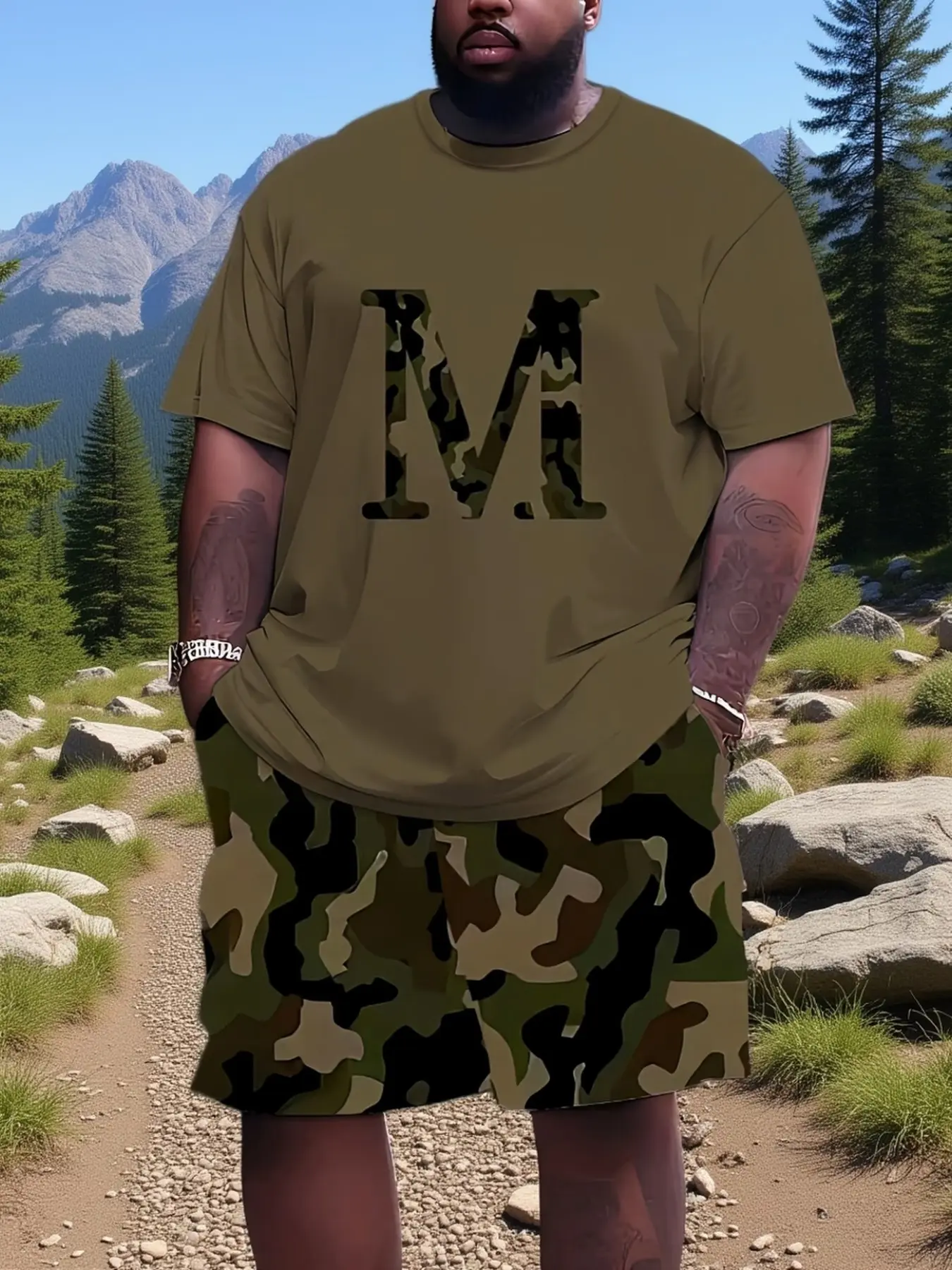 Men's Plus Size 3D Print Casual Two-Piece Set, Short Sleeve T-Shirt + Shorts, Loose-Fitting All-Over Print, All Seasons