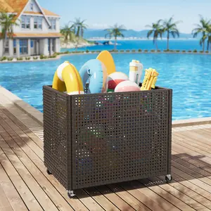 Rolling Rattan Pool Storage Bin｜Mesh Side Design Movable Wheel Durable Organizer｜Store Pool Floats Toys Noodles & Outdoor Equipment