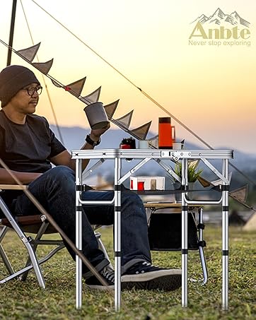 Anbte 2ft Folding Camping Table with Storage Net, 3 Adjustable Heights Small Folding Table Lightweight & Portable with Carry Handle, for Camping, Fishing, Picnic, Beach, Outdoor, 22.8" x 15.7", Black