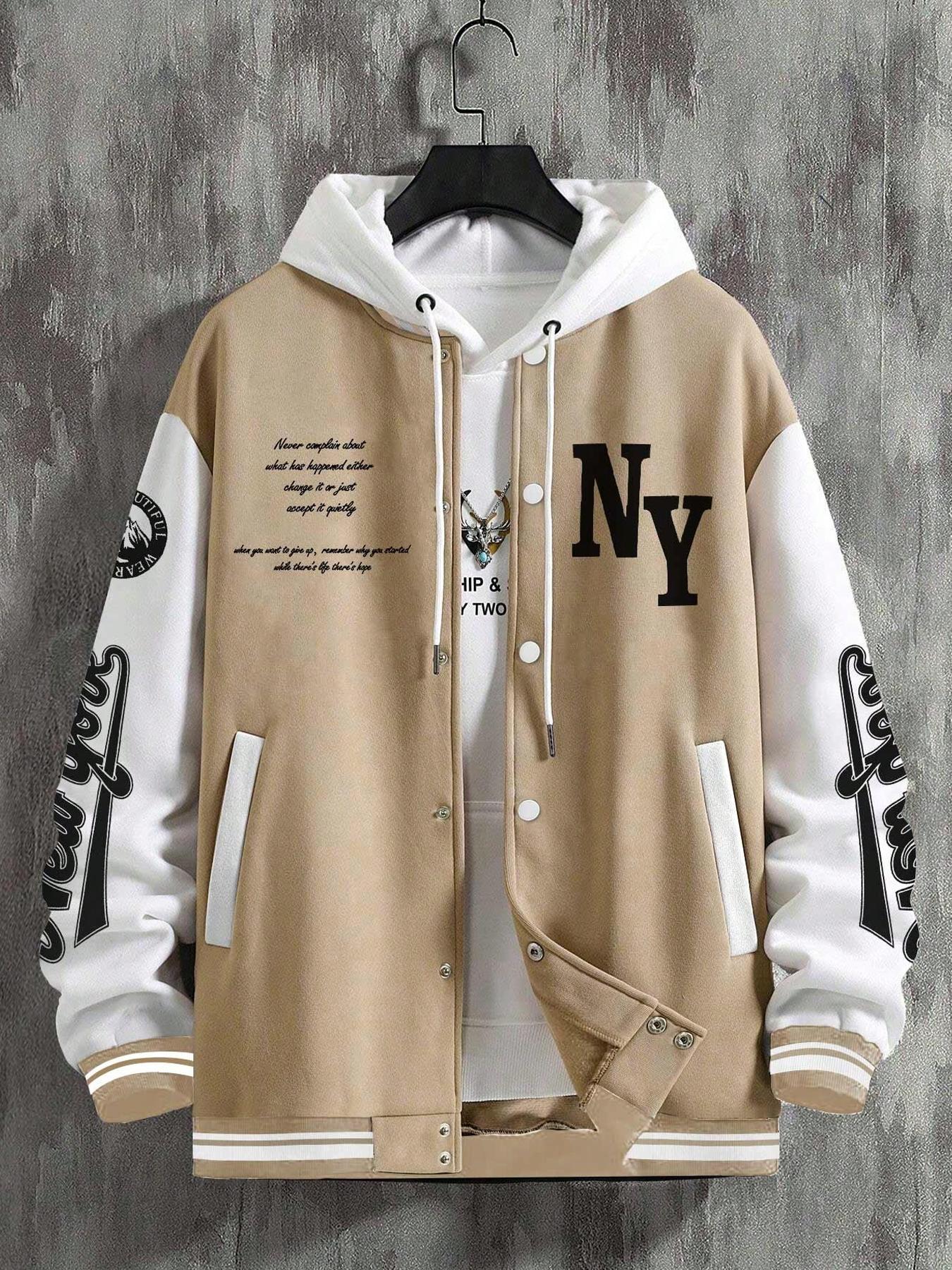 Men's Colorblock & Letter Print Button Front Pocket Varsity Jacket, Regular Fit Casual Drop Shoulder Mock Neck Outerwear for Fall & Winter, Men's Clothes for Daily Wear, Casual Athletic Jacket