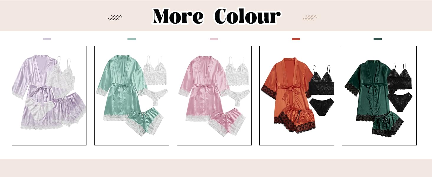 Women's 4-Piece Silk Satin Bridal Honeymoon Sleepwear Set, Floral Lace Cami with Robe