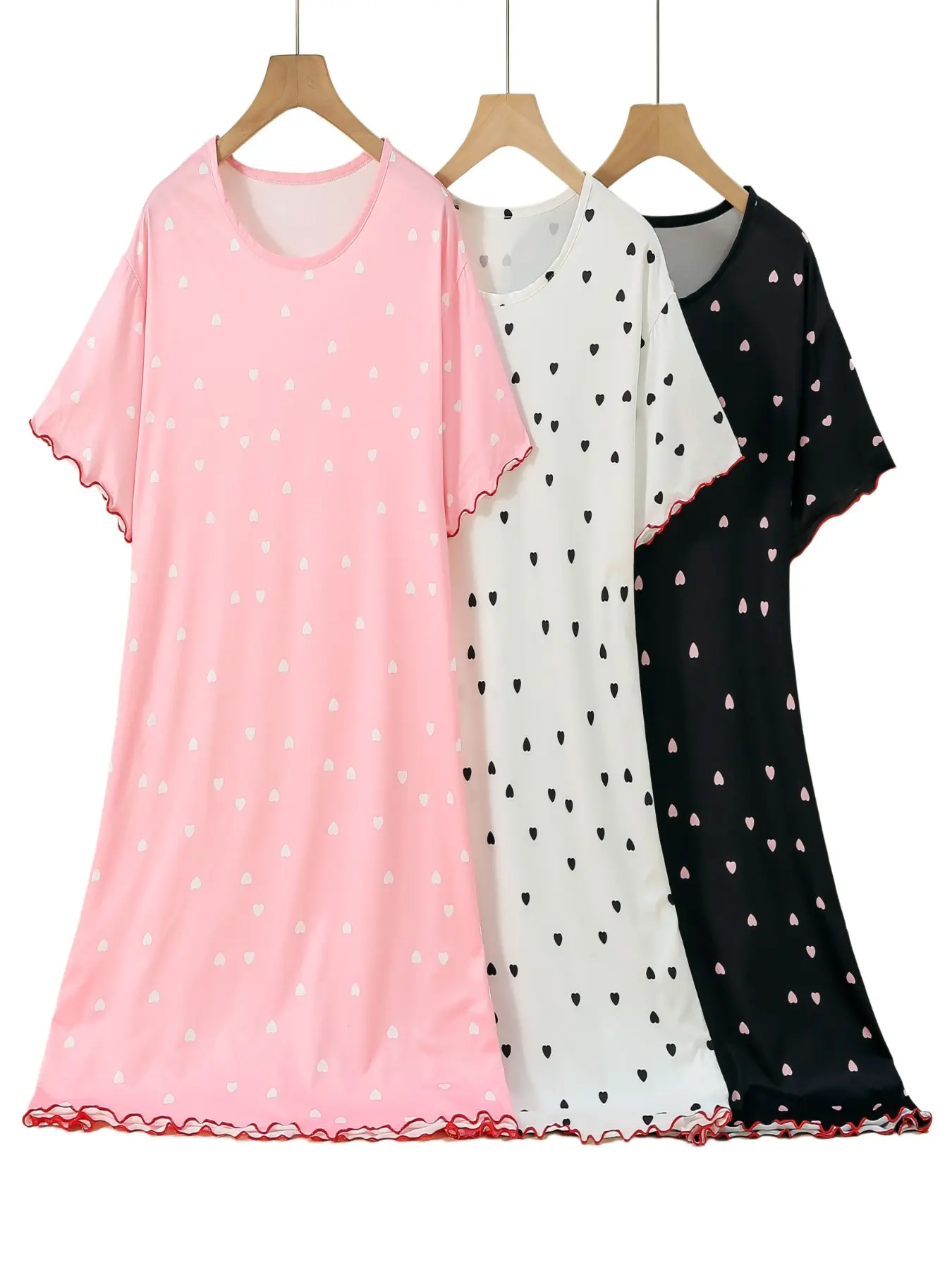 3-Pack Short Sleeve Summer Nightdresses, Loose Fit Heart Print, Comfortable Casual Sleepwear, Loungewear, Multi-Color, Round Neck, Rolled Hem, Casual Comfy Nightdress