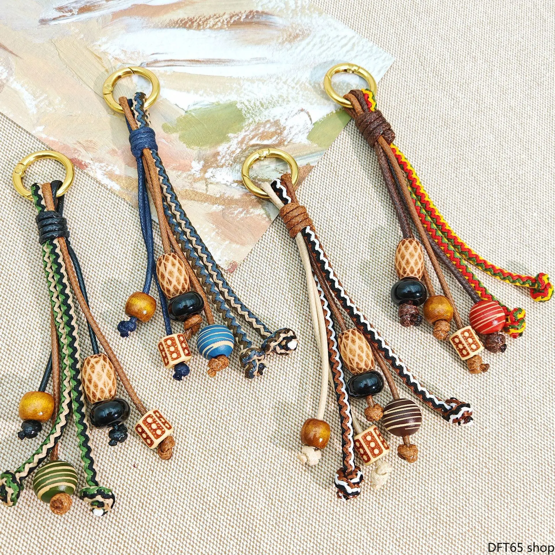 Hand Woven Macrame Keychain Pendant Mixed With Natural Wooden Beads Retro Ethnic Bohemian Texture Light Compact Flexible Cord Strap For Car Key Handbag Daily Matching Minimalist Unique Personality Decorative Accessory