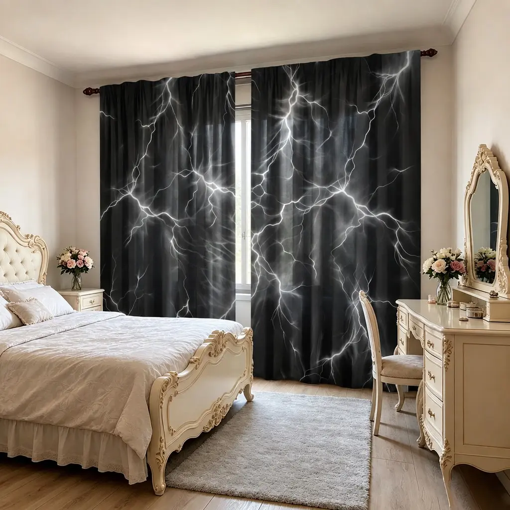 2-piece set of dark lightning effect personalized curtains, cyberpunk style semi blackout curtains, polyester fiber material, modern design, bedroom and living room curtains, Window Curtain, Home Decoration Curtain, Curtain For Windows