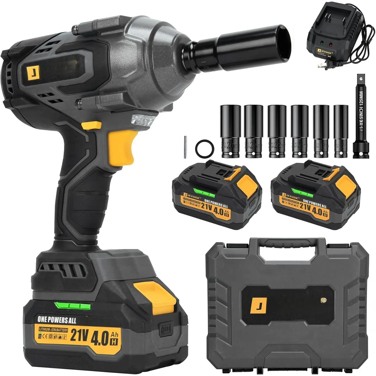 1700Nm  Wrench, Cordless 1/2"   with 2 x 4.0Ah , Brushless High Torque Electric  Driver with 6 Socket & Extension Rod, Taladro De Impacto for    Tire Lug