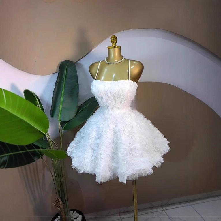 2026 Women's Sweet Strapless Rose Flower Bubble Short Dress Sleeveless Tube Top Waist-Cinching Dress