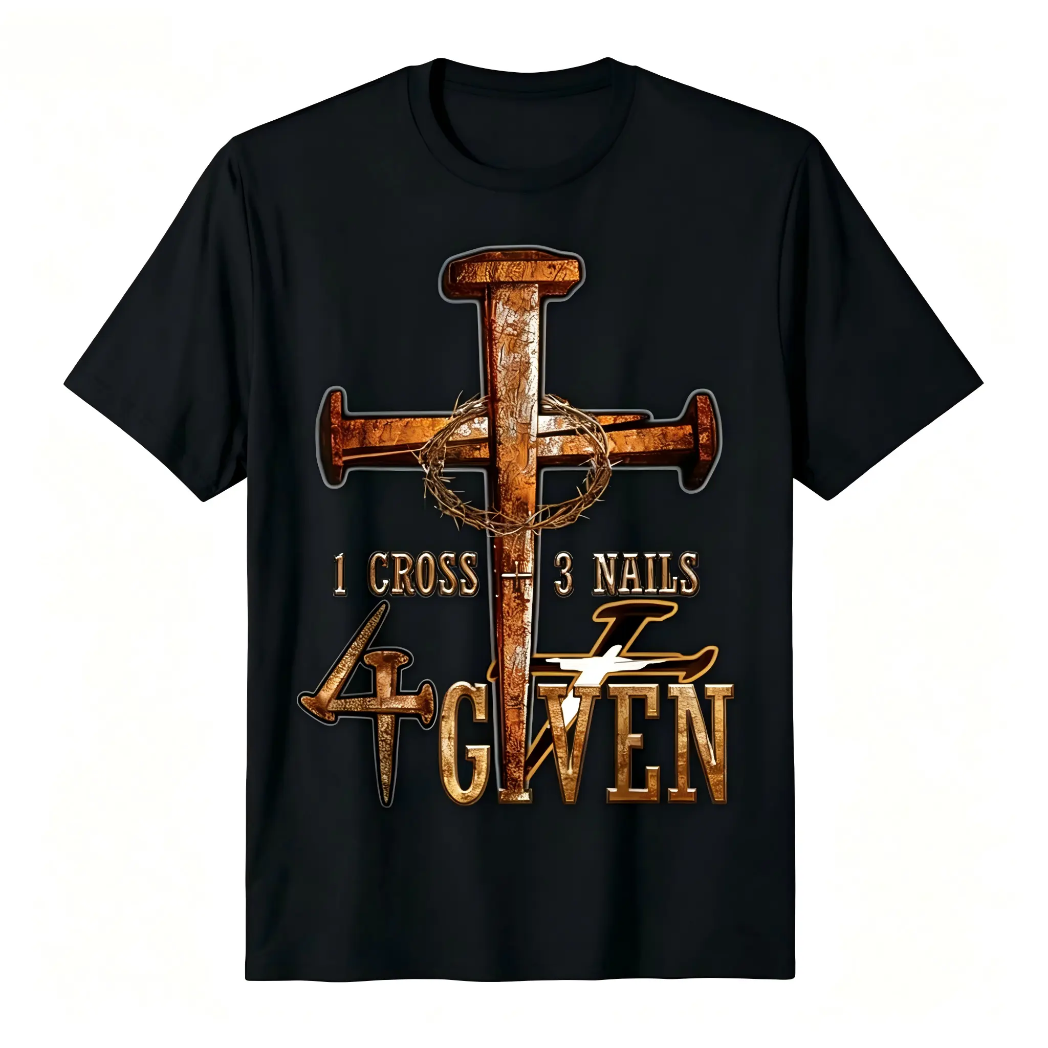 "1 Cross 3 Nails Forgiven" Rusty Nail Cross Unisex T-Shirt for Men & Women - Thorn Crown Vintage Christian Tee, Soft Cotton Crew Neck Short Sleeve, Great for Daily & All-Season Wear, Religious Gift, Machine Washable