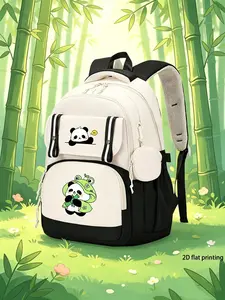 Cute Panda Print Backpack, Dual Pockets Design, Breathable Mesh Shoulder Straps, Detachable Coin Purse, Unisex, Multiple Colors Available