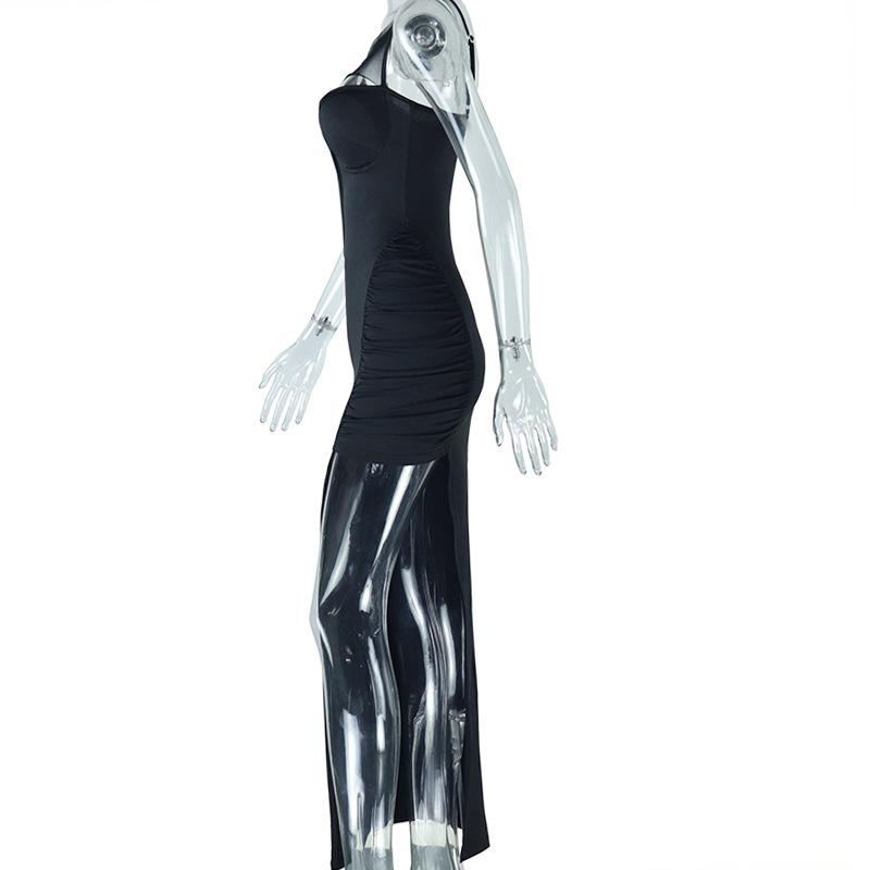 Sexy hollow dress with mesh splicing, mid-length slit bodycon skirt, solid color pullover dress, evening gown