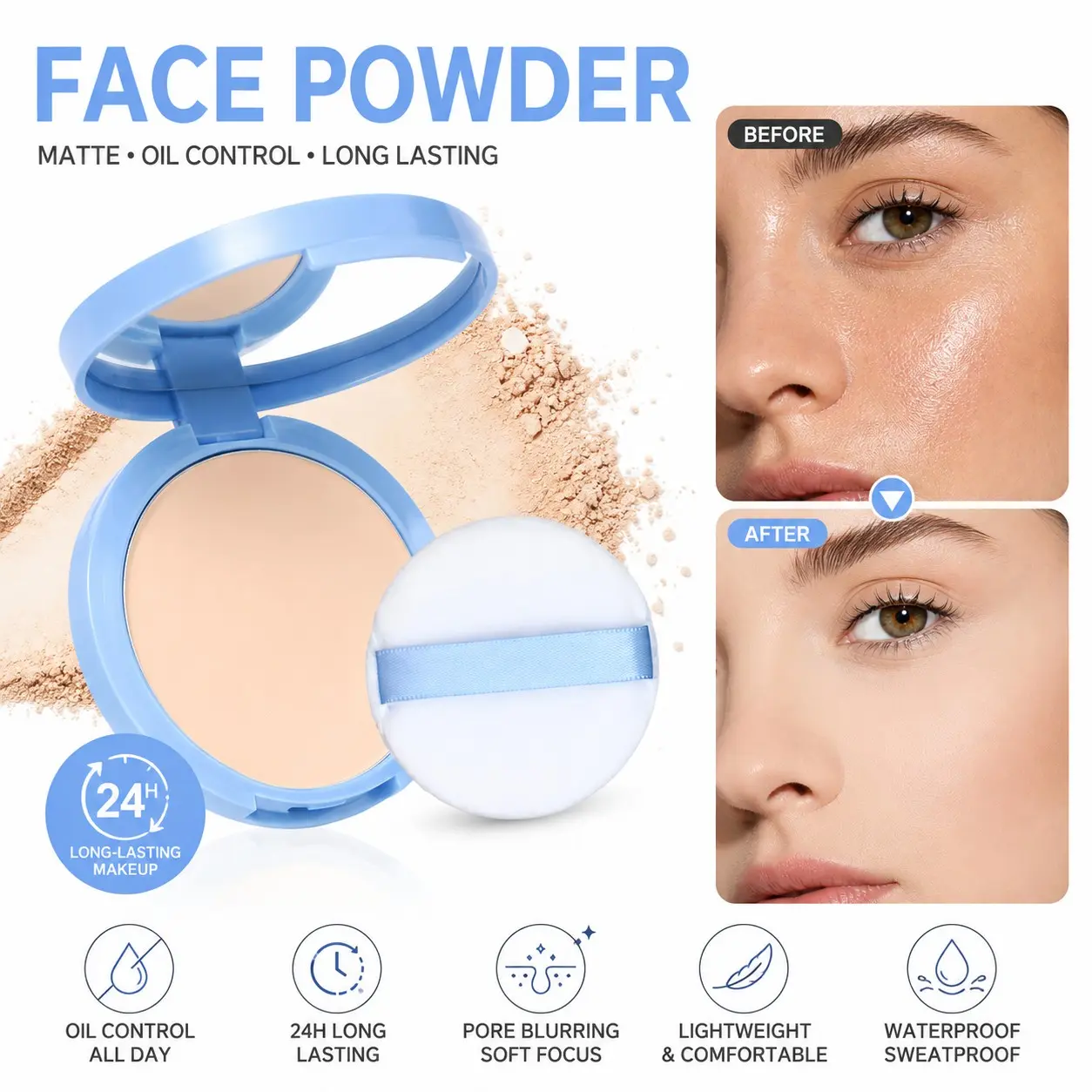 Waterproof Pressed Powder, Oil Control Setting Powder for Face, Matte Makeup Powder with Long Lasting Sweatproof Formula, Pore Blurring Soft Focus Effect, Lightweight Fine Powder for Natural Smooth Matte Finish, Flawless Makeup Look, Silky Smooth Powder