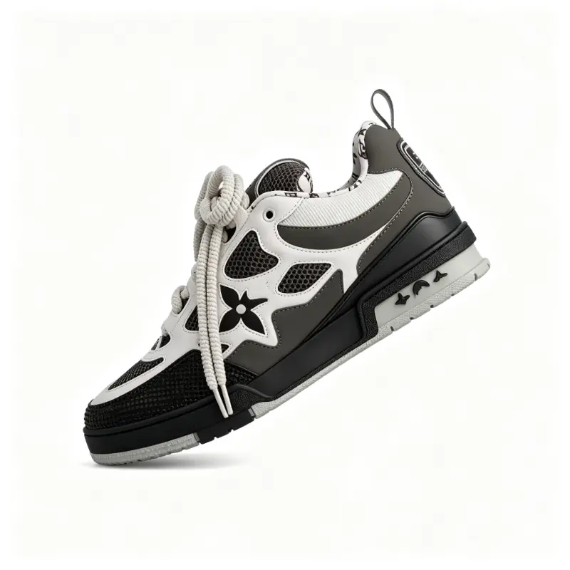 Black White Grey Cutout Mesh Skateboard Sneakers Floral Hollow Panel Design Thick Chunky Platform Midsole Decorative Symbols Outsole Oversized Thick Rope Laces Breathable Leather Mesh Mix Casual Street Trainers Unisex Footwear for Streetwea