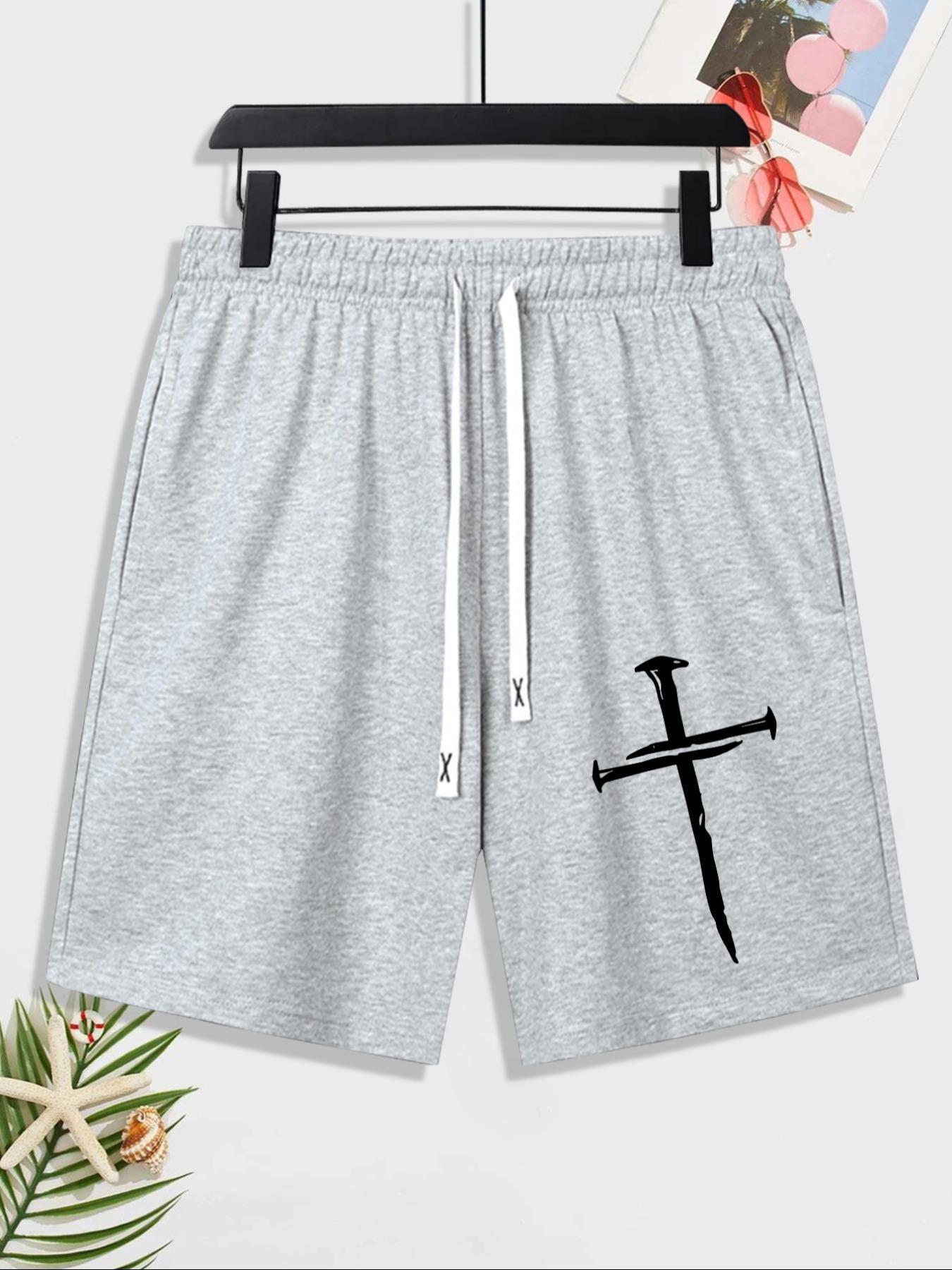 Emo Outfits Men's Stylish Cross Graphic Drawstring Shorts, Regular Fit Casual Breathable Elastic Waist Straight Leg Shorts, Summer Clothes, Shorts for Men, Mens Streetwear Clothing, Menswear, Cross Print Shorts
