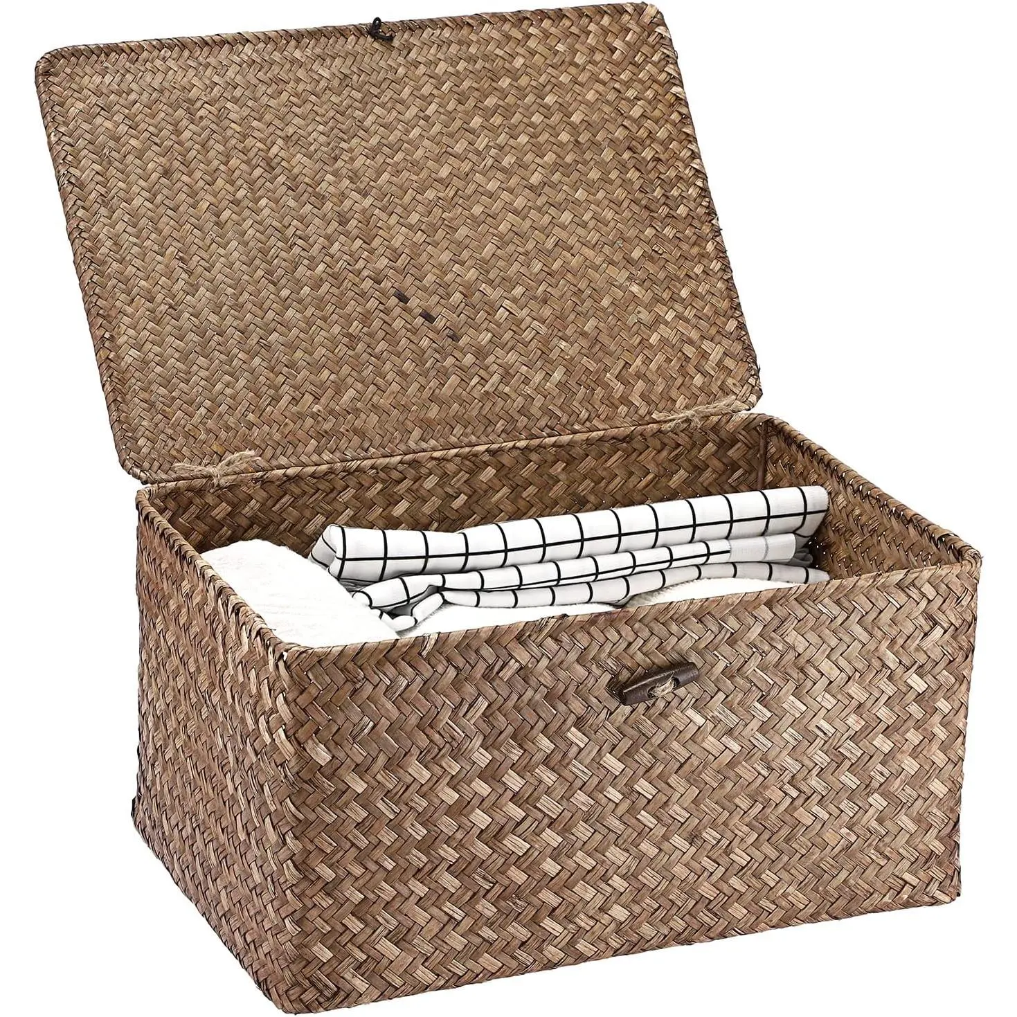 Wicker Shelf Baskets Bin with Lid, Handwoven Seagrass Basket Storage Bins Rectangular Household Basket Boxes for Shelf Wardrobe Home Organizer, Coffee Large