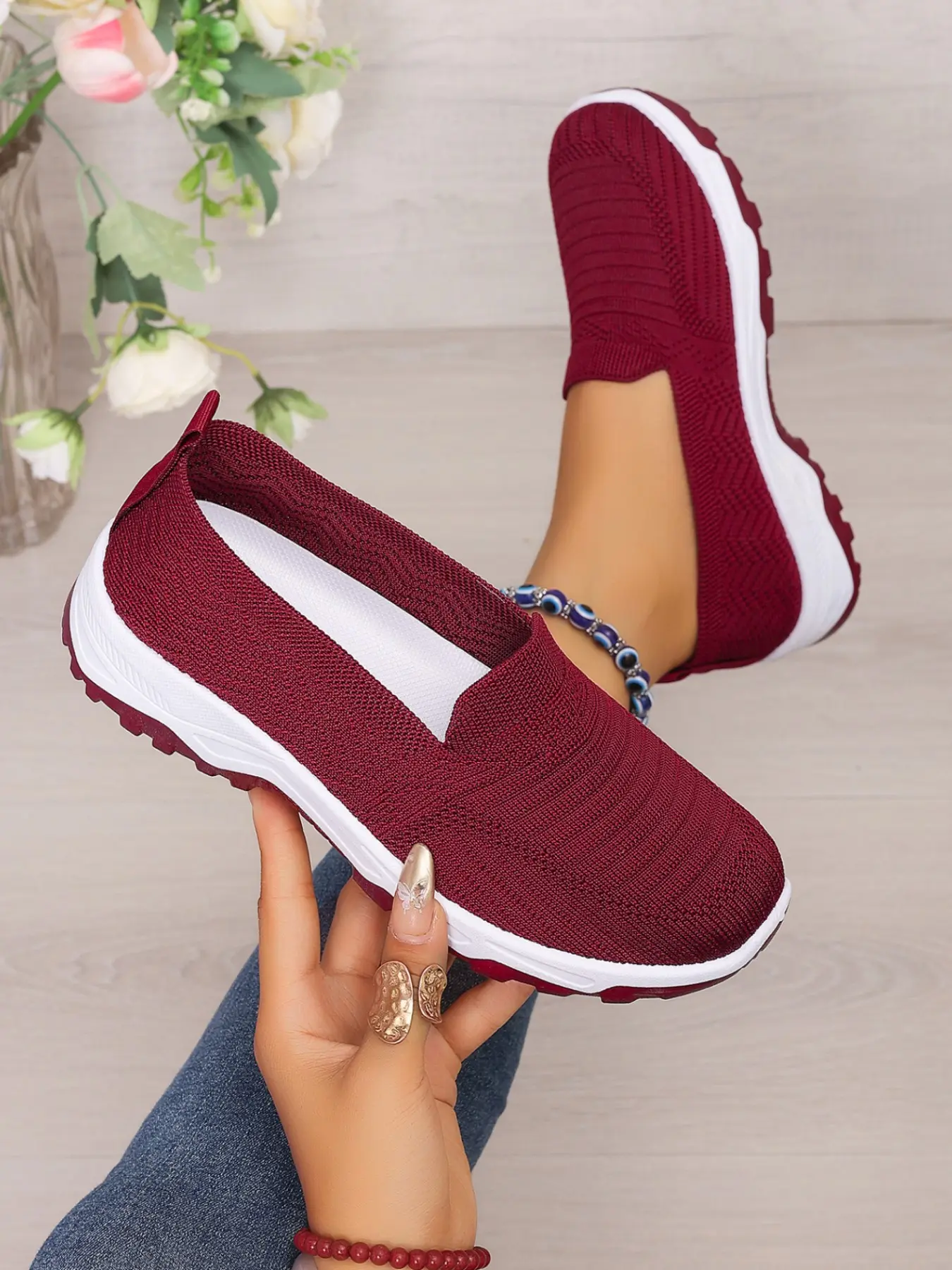 Women's Fashion Strap Flyknit Casual Shoes, Lightweight Breathable Mary Jane Flat Shoes, Daily Commute Lazy Person Shoes