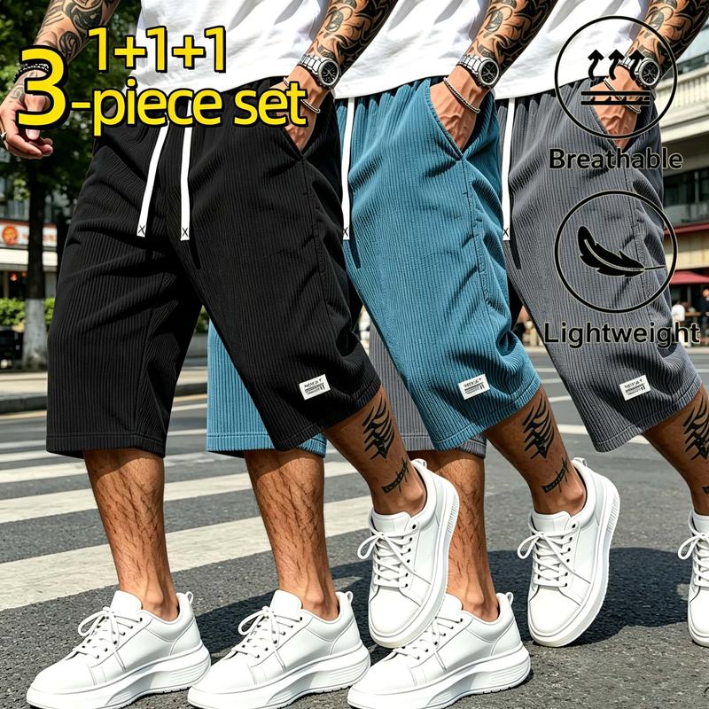 3PC Men's Sports Shorts, Loose Corduroy, Drawstring Elastic Waist, Breathable Street Knee Length Shorts, Suitable for Leisure and Outdoor Activities