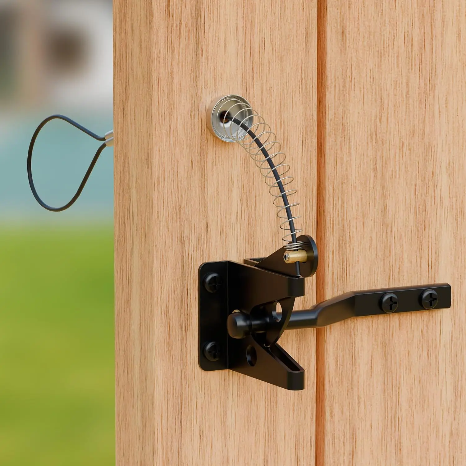 Self Locking Fence Gate Latch with Spring  Pull, Heavy Duty Gate Latch Hardware for Wooden Vinyl Fence Gate,  Mounted Gate Latch with Steel Wire Rope for Double-Sided Opening