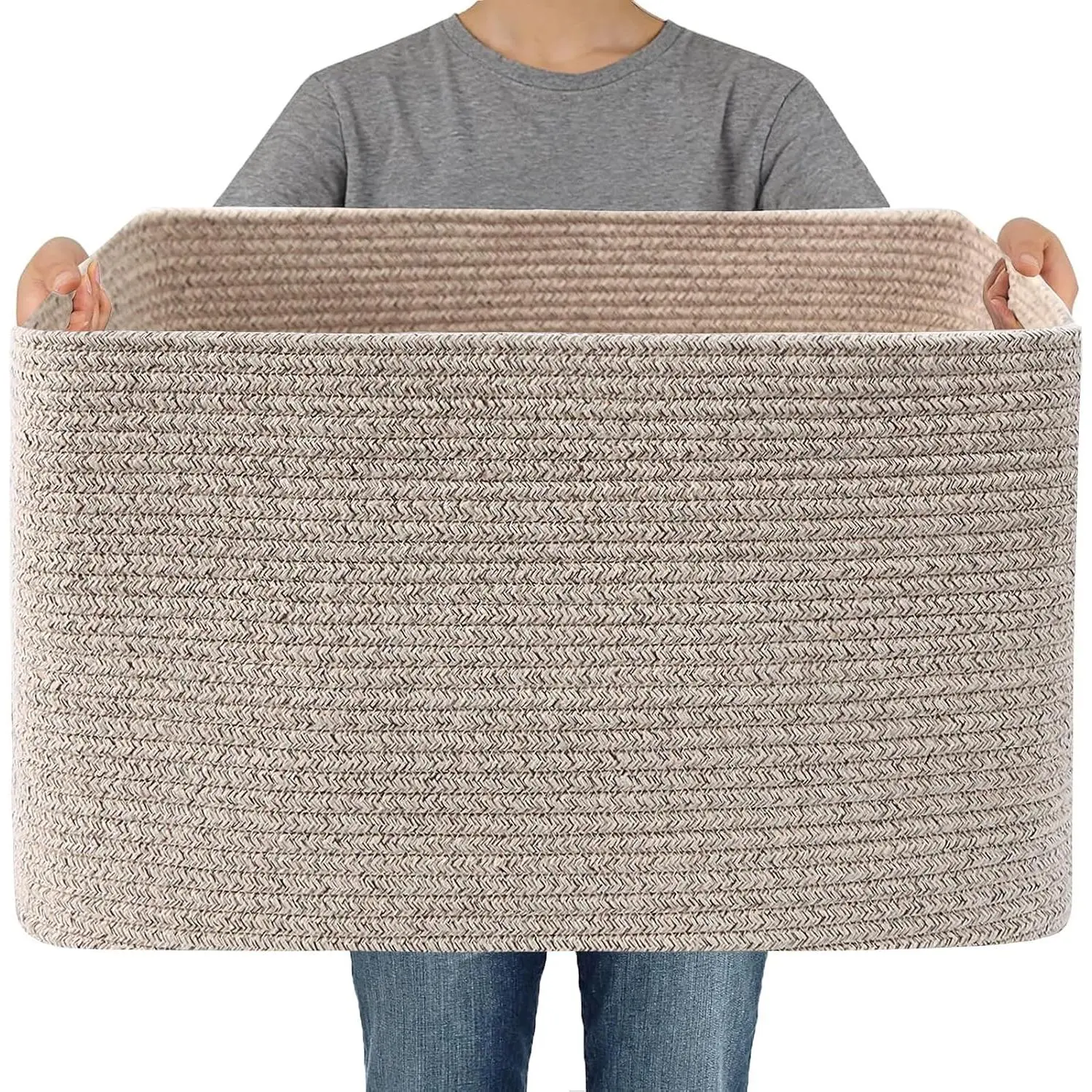 65L Large Woven  Rope Blanket Basket, Oatmeal | Blanket Storage for Living Room or Bedroom Use, Freestanding with Reinforced Handles, Entire Basket is Machine Washable