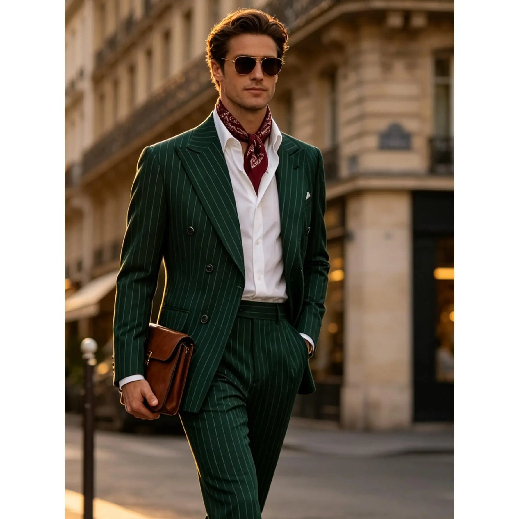 Men's Green Pinstripe 2-Piece Suit Set, Double-Breasted Blazer and Matching Dress Pants with Black Bow Tie for Weddings and Formal Events