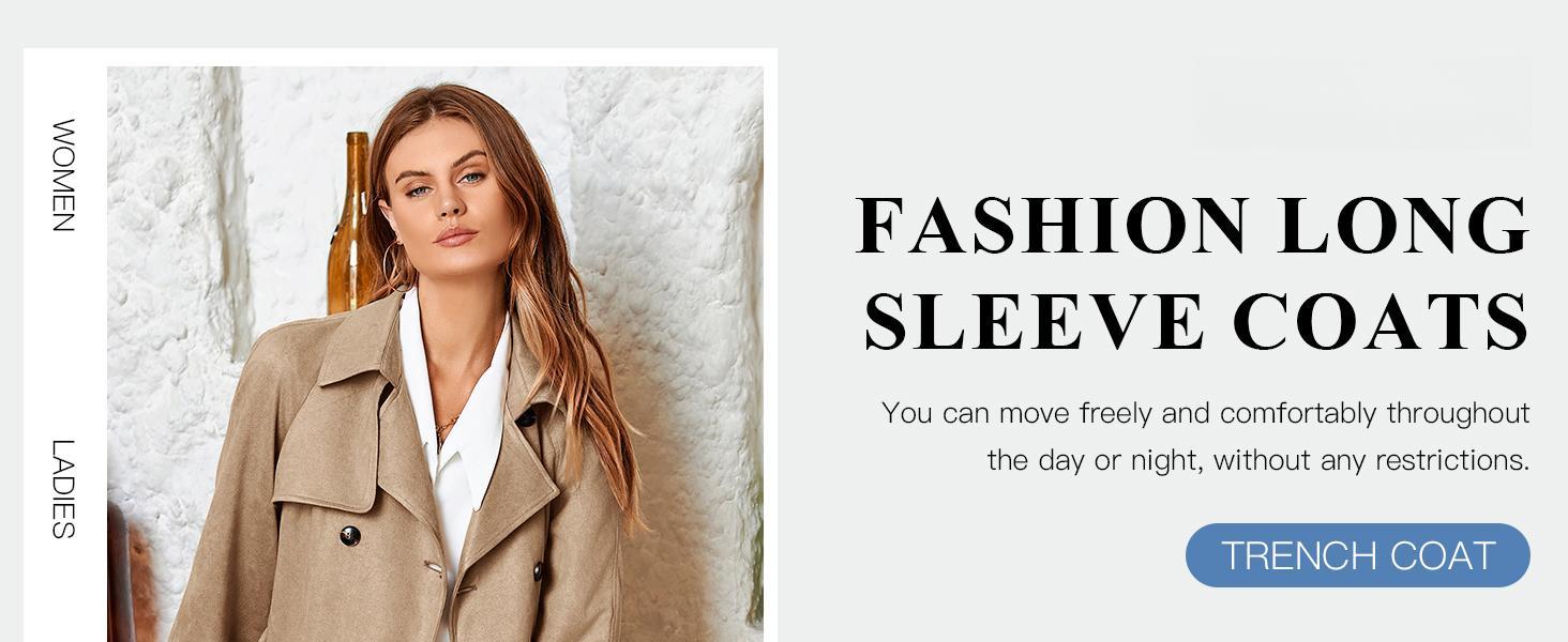 Imily Bela Womens Long Trench Coat Fall Faux Suede Jackets Double Breasted Lapel Pea Coat with Belt