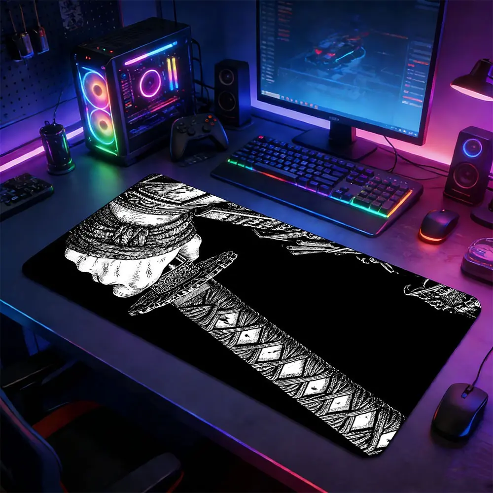 Dark Japanese Samurai Katana Large Extended Mouse Pad Multi Size Full Desk Coverage Smooth Cloth Surface Non-Slip Natural Rubber Base Stitched Edge Desk Supplies For Game Office Study, Suitable For Gamers Office Professionals Students Perfect Gift