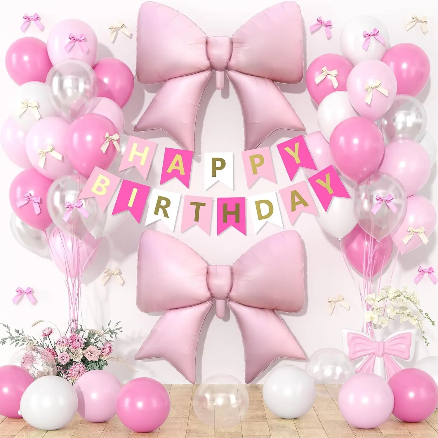 Pink Bow Birthday Decorations, Pink Happy Birthday Banner with Satin Ribbon Mini Bows Decor, 38inch Bow Foil Balloons and Pink White Clear Balloon for Girls Women Birthday Bows Theme Party Supplies