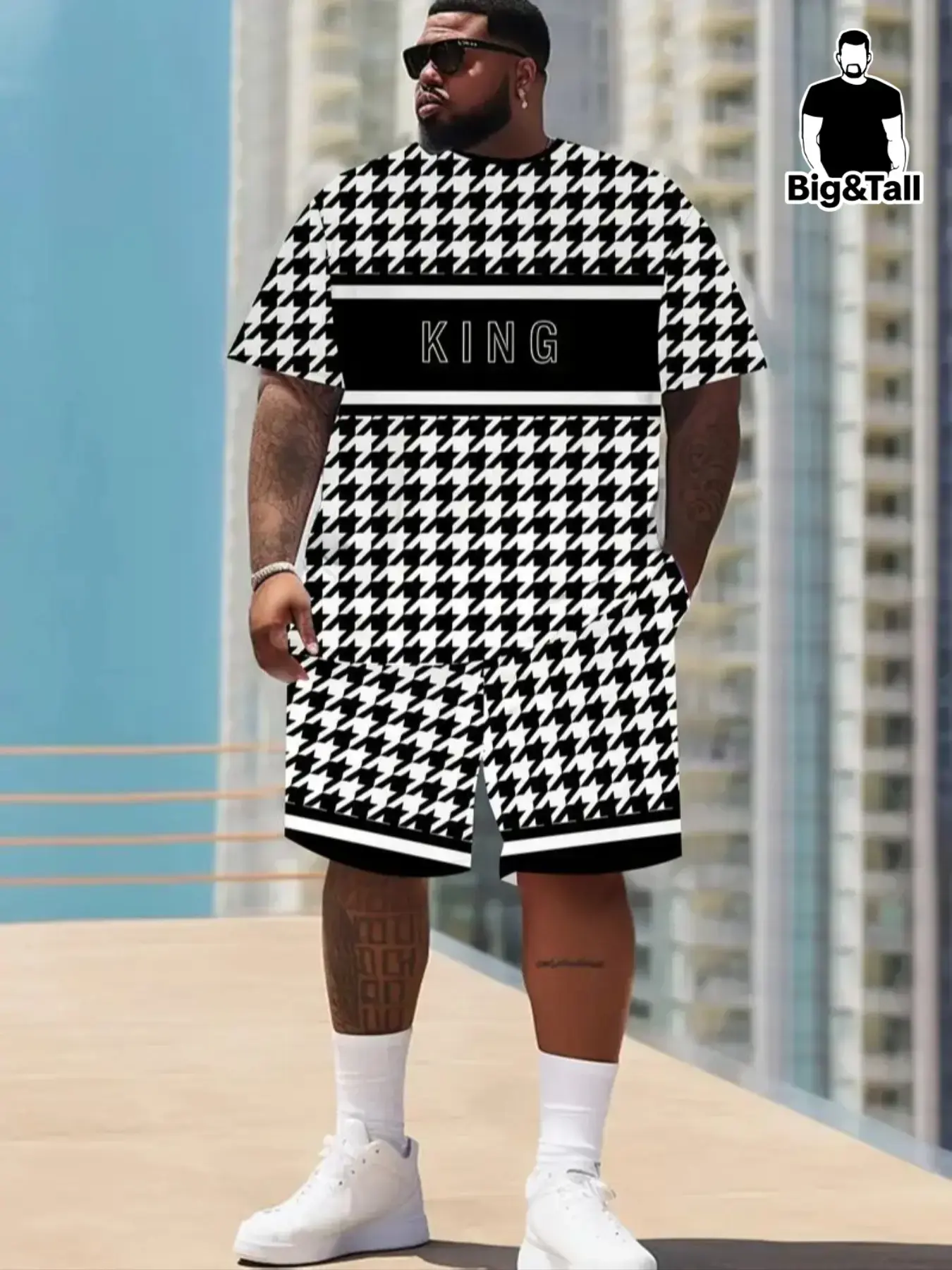 Men's Plus Size Checkered T-Shirt & Shorts Set, Loose Fit, Short Sleeve, Casual Fashion, All Seasons, Outfit