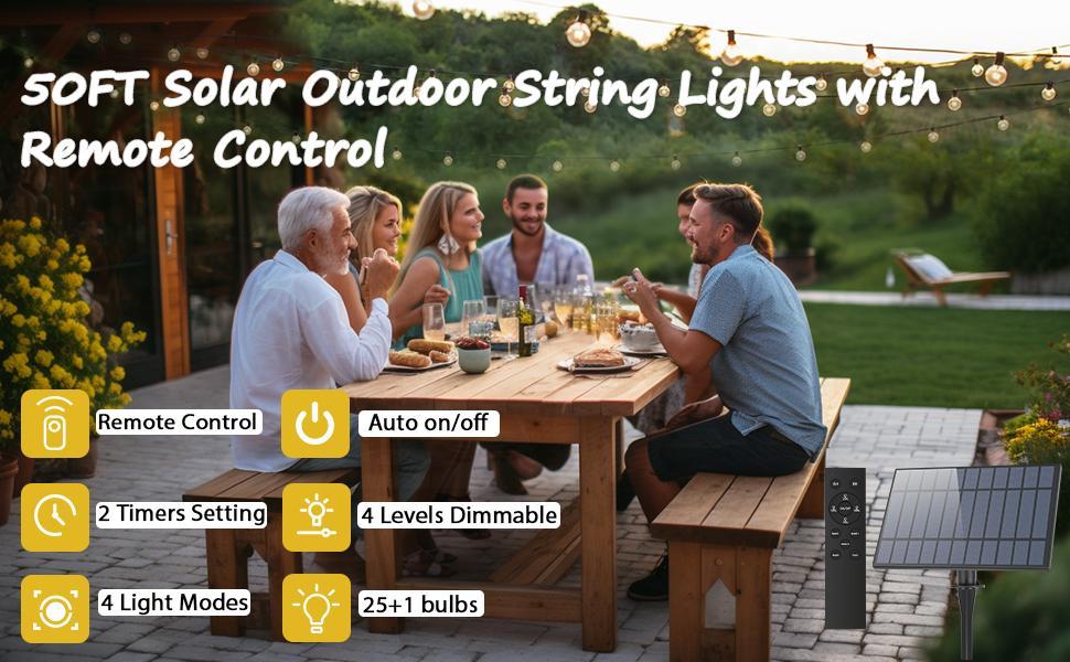 52/104Ft Solar String Lights Outdoor Waterproof, Solar String Lights for Outside with Remote, LED Solar Lights String with 26 Shatterproof Bulbs, Dimmable Solar Patio String Lights for Cafe Bistro Party