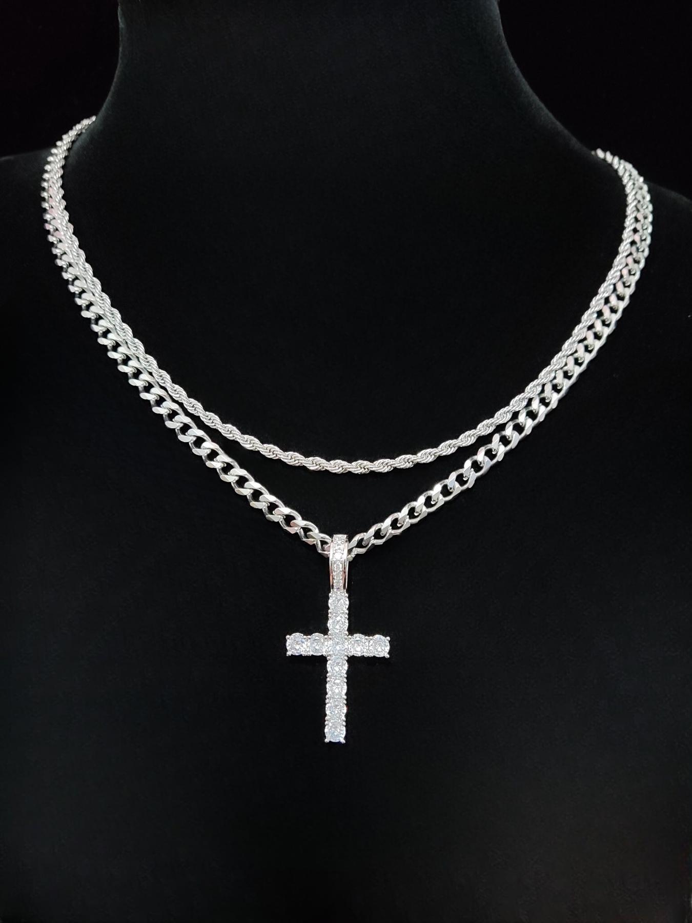 Street Style Artificial Zircon Inlaid Iced Out Cross Pendant & Cuban Chain Necklace, Fashion Jewelry for Party, Daily Clothing Decor, Trendy All-match & Exquisite Jewelry for Birthday Gift