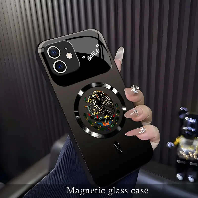 For【iPhone 11】Phone Case, Mexican Eagle Ethnic Totem Phone Case, Vintage Latin Culture Print Design, Shockproof & Wear-Resistant Protective Cover, Magnetic Charging Glass Case, MagSafe，Unisex Ethnic Style Phone Case.-XS9527