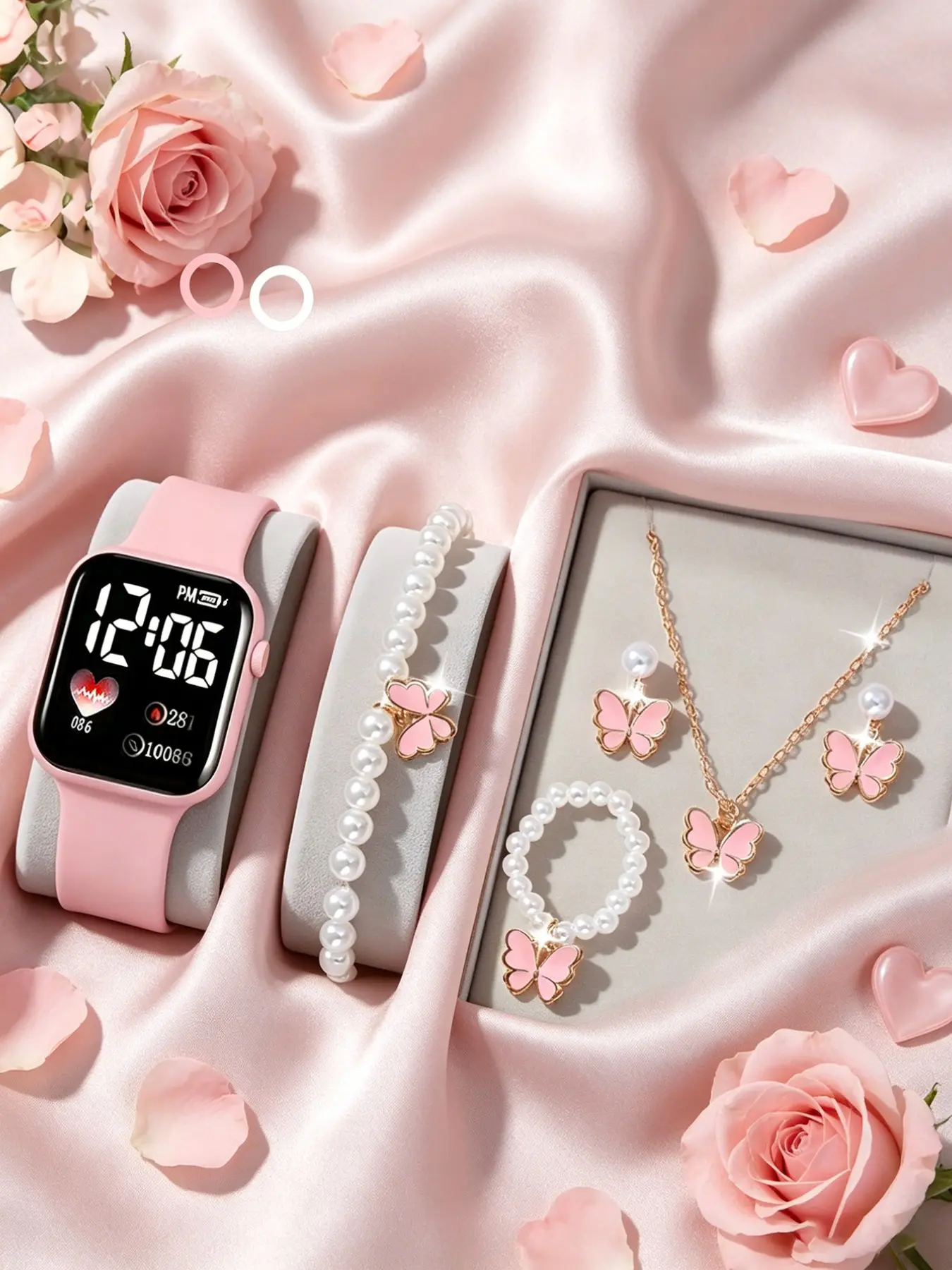 Women's Fashion Watch & Matching Jewelry Set, Including Watch & Butterfly Design Earrings & Bracelet & Ring & Pendant Necklace, Gift for Women, without Box